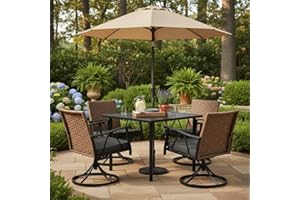 Andehomy 5-Piece Patio Dining Set for 4，Outdoor Dining Set with Wicker Swivel Patio Dining Chairs with Cushions & 1 Black Square Woodgrain Dining Table with 1.75”Market Umbrella Hole, Black & Brown