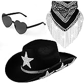 Toulite 3 Pcs Rhinestone Star Cowboy Hat Heart Shape Sunglasses Cowboy Fringe Bandanas Set for Women Men Cosplay Party