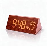 OhM-ega Wooden Digital Alarm Clock for Bedroom, Large Display Alarm Clock with 2 USB Charging Ports, Adjustable Brightness, Indoor Temperature, 12/24H, Nightstand Clock, Brown