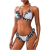 MakeMeChic Women's Polka Dots Bikini Set Halter Triangle Tie Side Ruffle Thong Bathing Suits