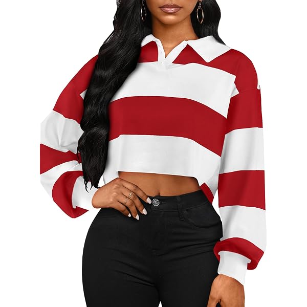 QUQUTWO Women's Long Sleeve Cropped Sweatshirt – Rainbow Stripes, Lapel Buttons, Loose Fit (Red) - View #6
