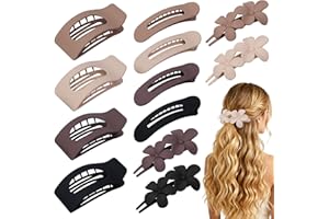 HQ-SITE 12 Pack Flat Hair Clips for Women – Matte Neutral Square Claw Clips, Flat Barrettes & Flower Pins in Black, Blonde,Light Brown & Dark Brown, Soft Touch Hair Accessories for Thick & Thin Hair