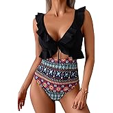Eomenie One Piece Swimsuit for Women Tummy Control Ruffle Bathing Suit V Neck Ruched Swim Suit Slimming Cutout Swimwear Black Print