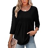 XIEERDUO 3/4 Length Sleeve Tops for Women 2026 Crewneck Casual Pleated Tunic Tops Shirts Blouses
