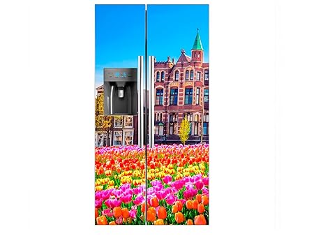Vinilo Frigorífico Americano Tulipanes Fondo Edificios | 91x177cm ...