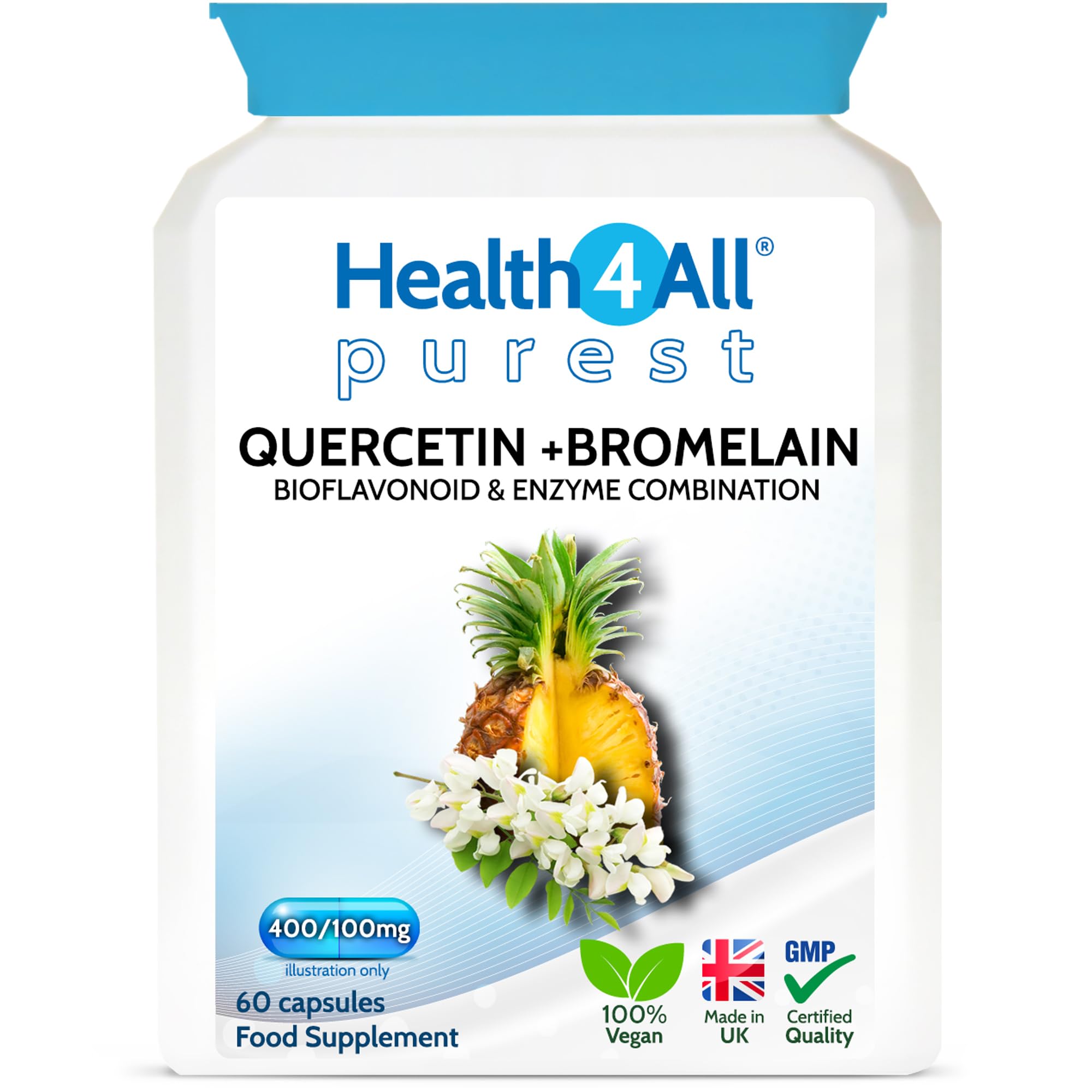 Health4All Quercetin 400mg + Bromelain 100mg per Capsule, Natural Antihistamine, Balances Immune Response, Pure Vegan 60 Capsules (not Tablets) | Made in UK