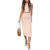 PRETTYGARDEN Women's 2 Piece Summer Outfits Crewneck Tank Tops Split Bodycon Midi Skirt Set