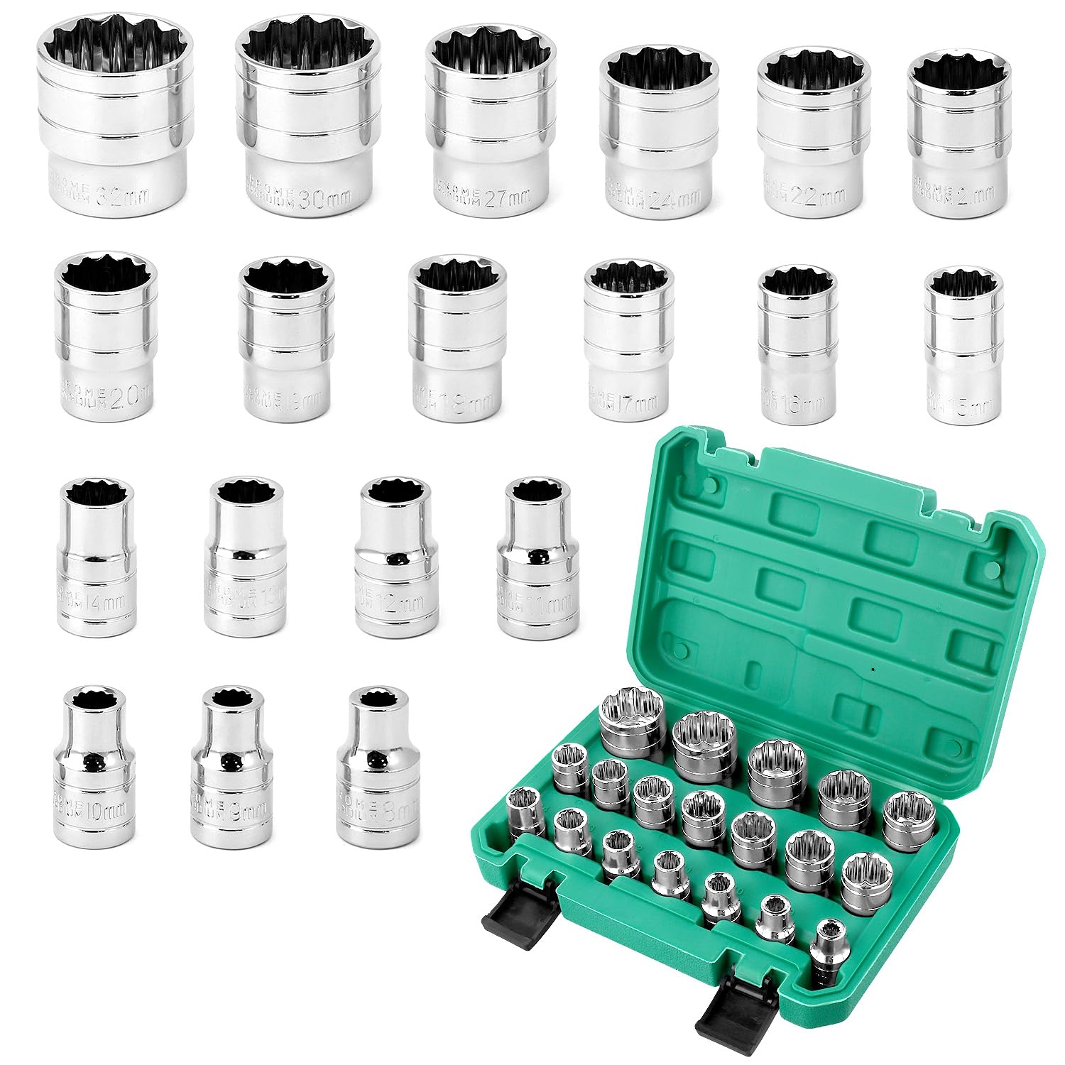 QWORK 19Pcs 1/2" Cr-V Spline Socket Set, 8-32mm 12 Point Socket Set