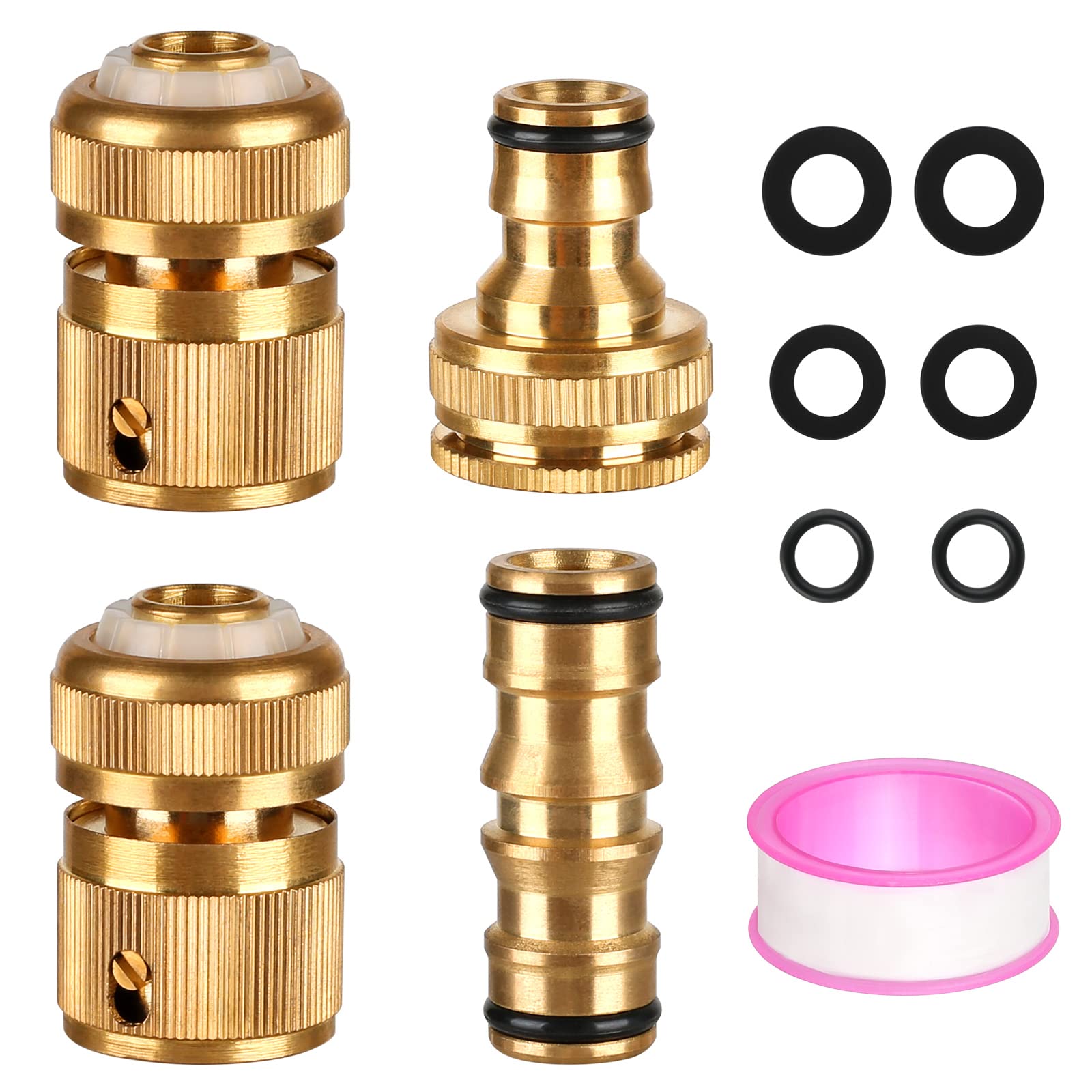 CoKeeSun 4 Pcs Brass Hose Connector Set 2 Hose 1/2" End Quick Connectors, 1 Double Male Connector, 1 Hose Tap Connector with Waterproof Tape and Washers for Garden Hose Pipe