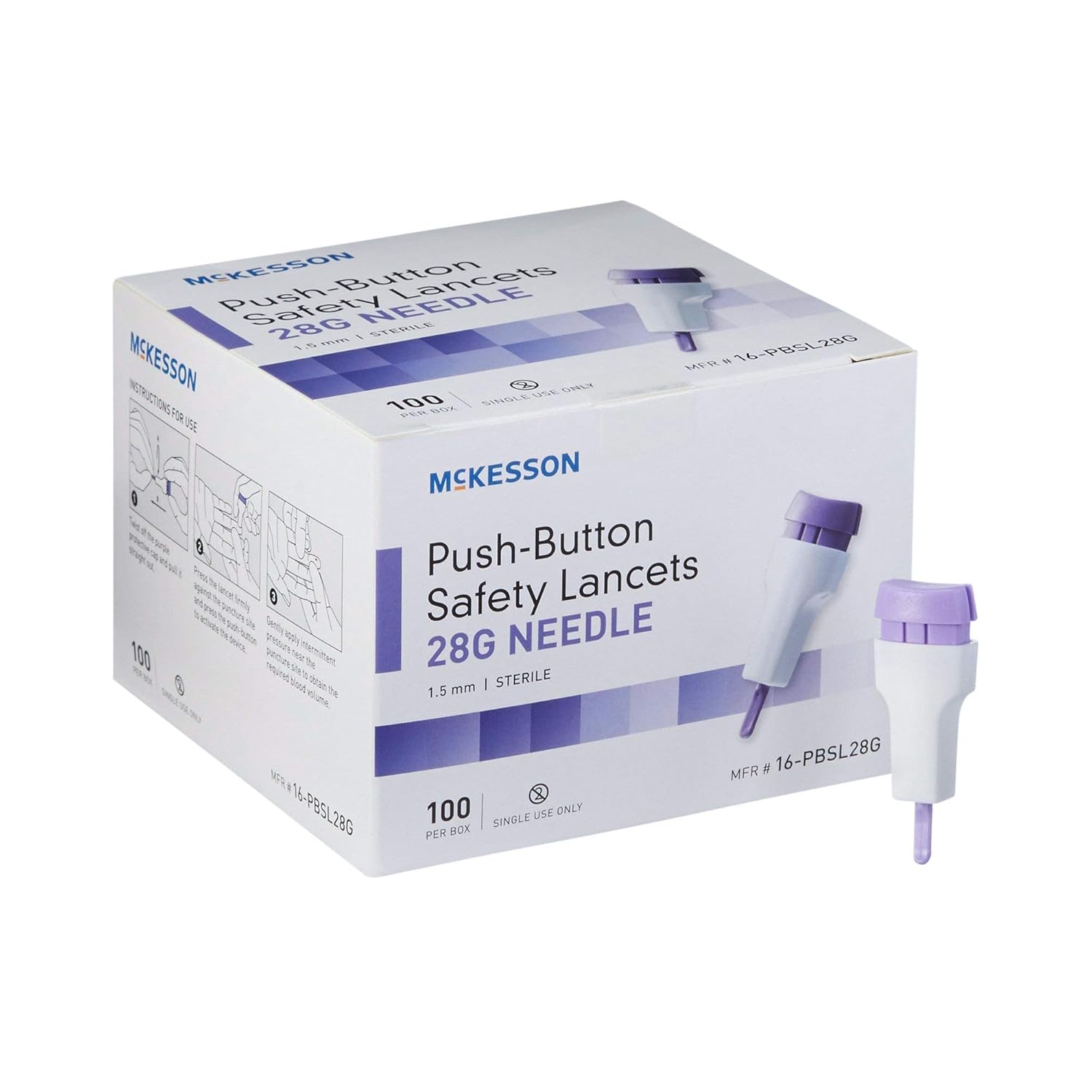 McKesson Lancet Push Button 28 Gauge 1.5 mm Depth 1 Box(s), 100 /Box: Industrial & Scientific