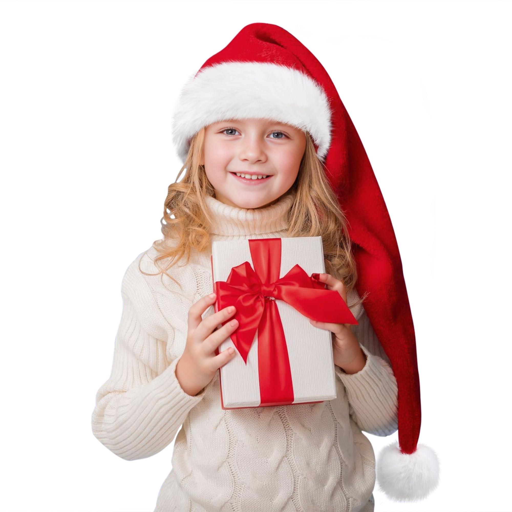 HOIIOH Extra-Long Kids Santa Hat – Soft Plush Xmas Hat with Fluffy Faux Fur Trim, Classic Christmas Costume Accessory for Holiday Parties & Festive Dress-Up (31.5" Long)