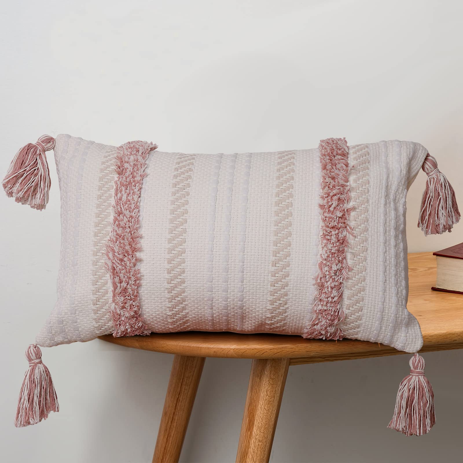 Photo 1 of Boho Throw Pillow Covers Tufted Decorative Pillows Cover for Couch Bed Small Lumbar 12 x 20 inch Pillow Cover, Modern Accent Farmhouse Neutral Throw Pillow Case, Pink