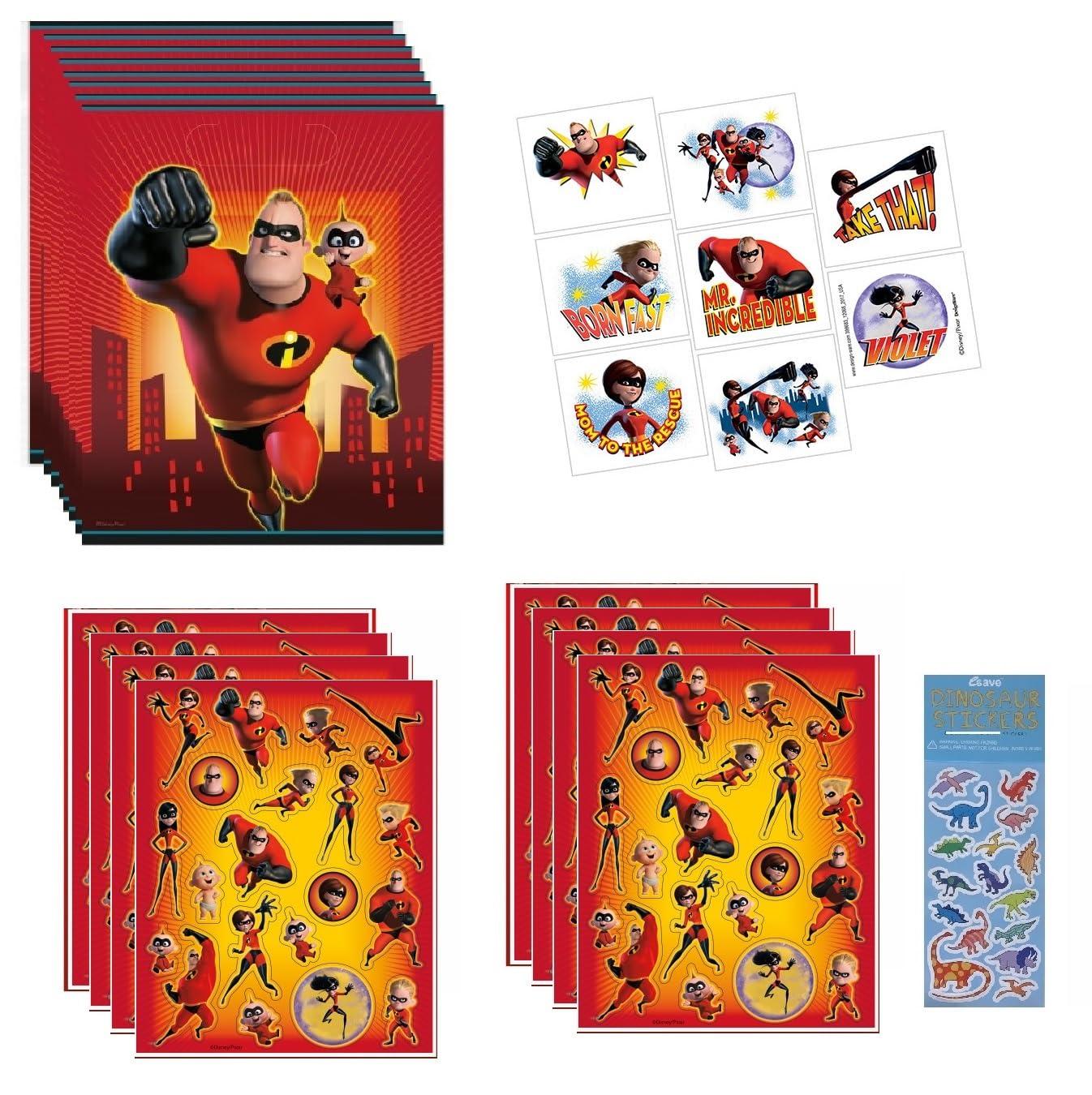 Photo 1 of Amscan The Incredibles Birthday Party Supplies Bundle includes 8 Loot Bags, 8 Tattoos, 8 Sticker Sheet with 160 Stickers, 1 Dinosaur Sticker Sheet