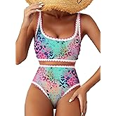 Herseas Women's Bikini Sets Floral Print Whip Stitch 2 Piece Swimsuits High Waisted Scoop Bathing Suits