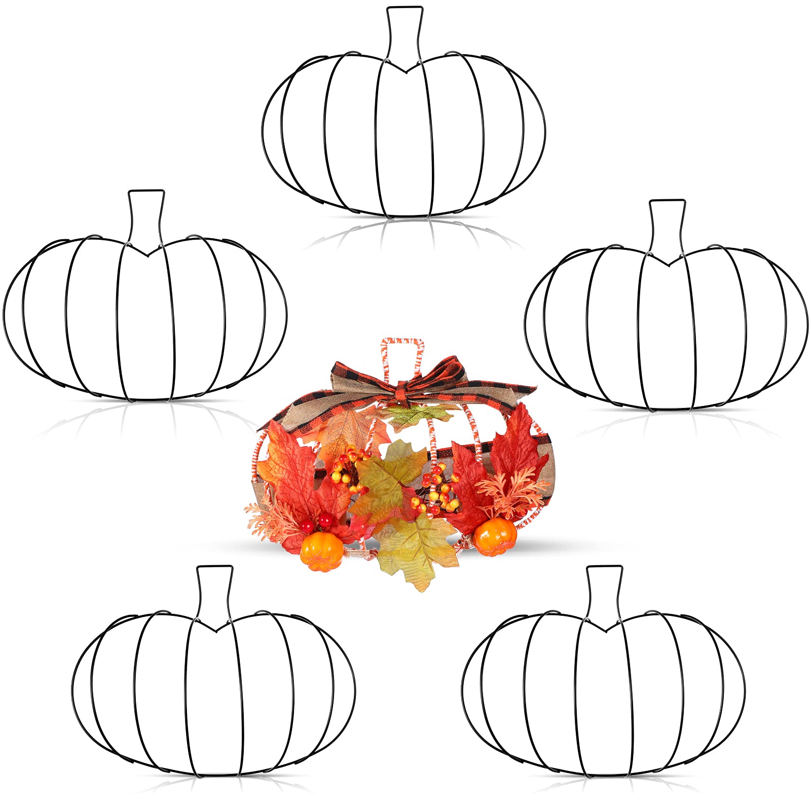 Hotop 5 Pcs 10 x 7.3 Inches Thanksgiving Pumpkin Shaped Metal Wreath Form Fall Wire Floral Frame Halloween 3D Pumpkin Wreath Indoor Outdoor Garden Porch Kitchen DIY Craft Decorations