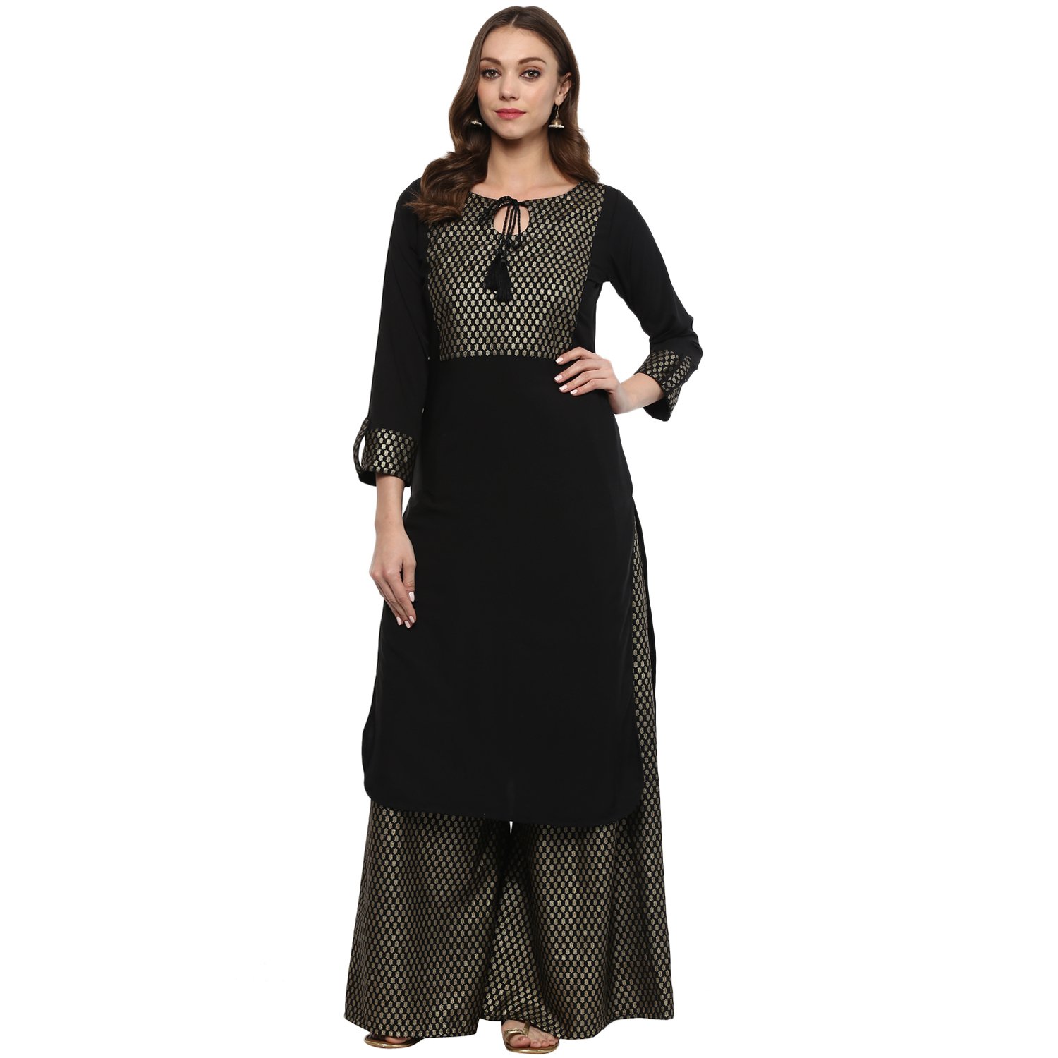 ziyaa women's black colour straight crepe gold foil print kurta & palazzo set