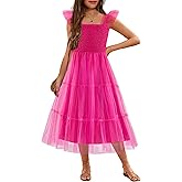 Arshiner Tween Girls Dress Ruffle Sleeve Elastic Straps Smocked A-Line Tulle Summer Long Patry Birthday Sundress