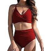Buauty Women's Bikini Sets Two Piece High-Waisted Ruched Bathing Suit V Neck Twist Front Adjustable Straps Swim Suits
