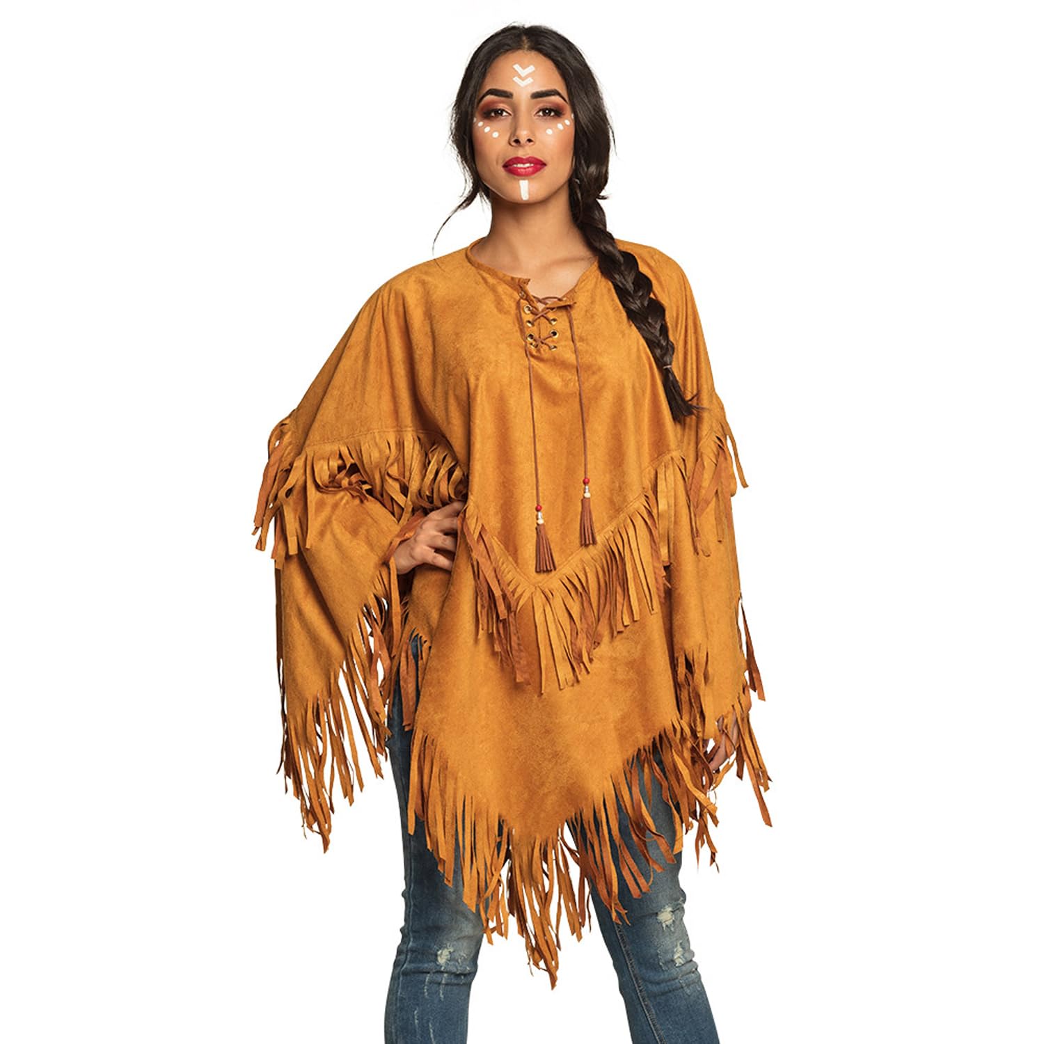 Boland 44095 – Indian Poncho, Brown, One Adults, Cape in Leather Look with Fringes and Beads, Chief, Cowboy, Squaw, Carnival, Halloween, Theme Party, Standard Size