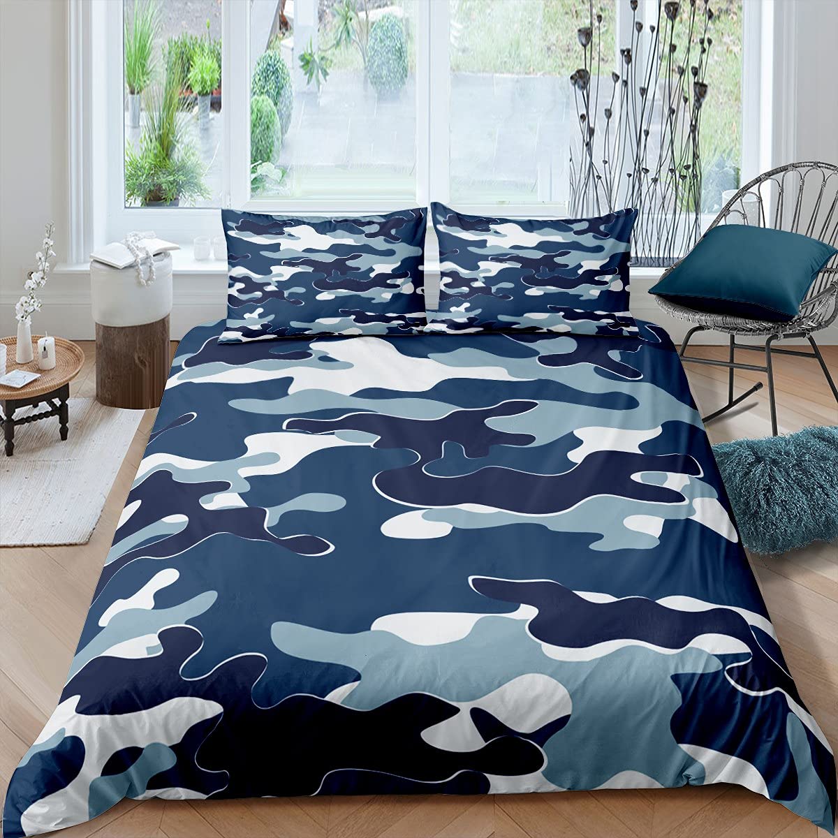 Army Camouflage Bedding Set Teens Camo Cute Duvet Cover Set for Kids Boys Girls Colorful Art Comforter Cover Blue White Quilt Cover 3Pcs Bedding Double