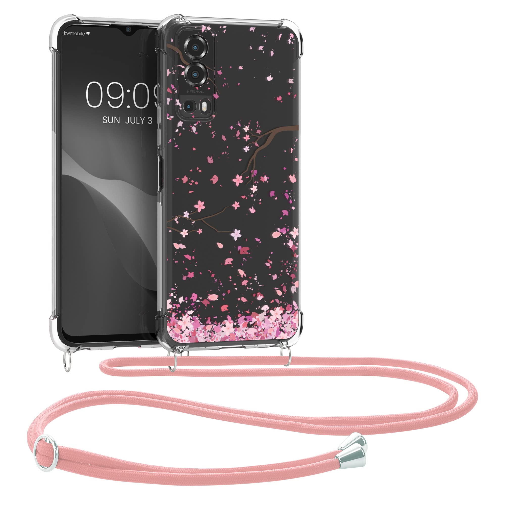 kwmobile Crossbody Case Compatible with Vivo Y72 5G / Y52 5G Case Strap - Cherry Blossoms Pink/Dark Brown/Transparent