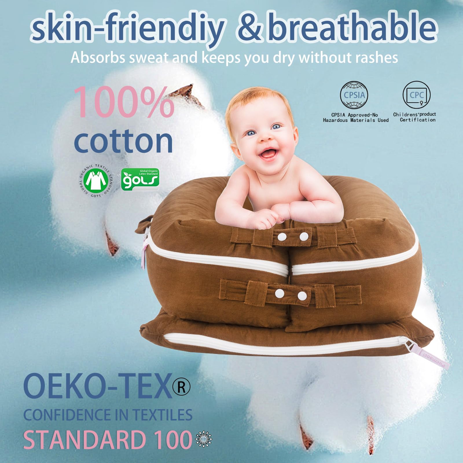 Corduroy Baby Lounger Cover for Dockatot Deluxe + | 100% Cotton Hypoallergenic Newborn Premium Quality Spare Cover(Cover Only) (Brown)