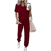 MASCOMODA Womens 2 Piece Outfits Summer Casual V Neck Short Sleeve Tops Long Pants Tracksuit Lounge Jogger Set with Pockets