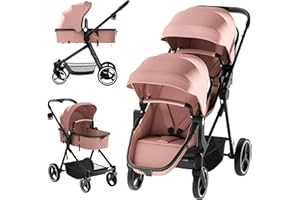 TOLEAD Double Stroller for Twins and Toddlers, Lightweight Aluminum Foldable Twin Stroller with Adjustable Backrest, Reversible Seat, 5-Point Harness, Storage Basket (Pink)