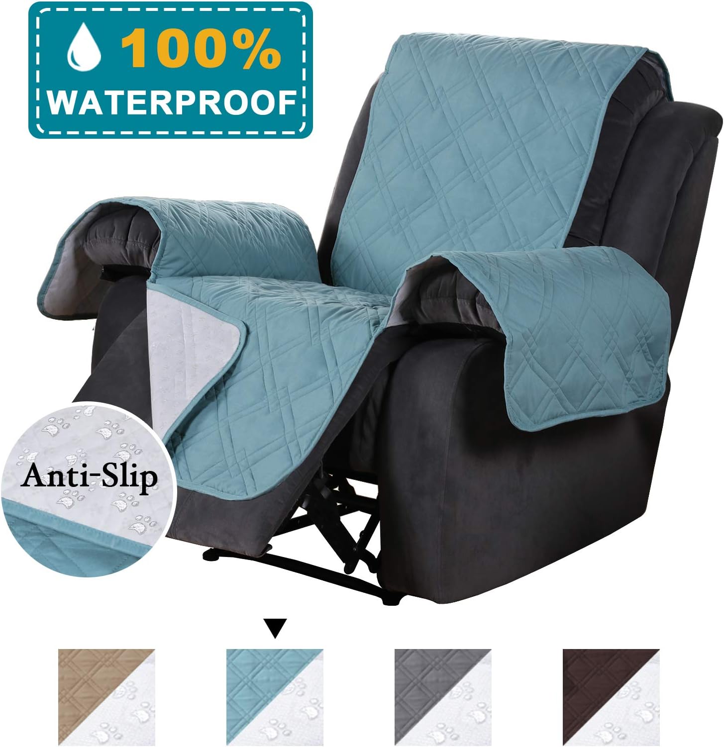 100% Waterproof Recliner Chair Cover Recliner Slipcoer Recliner Cover Chair Cover for Pets / Dogs / Kids, Full Protective Thick Quilted with Non Slip Backing Machine Washable, Blue