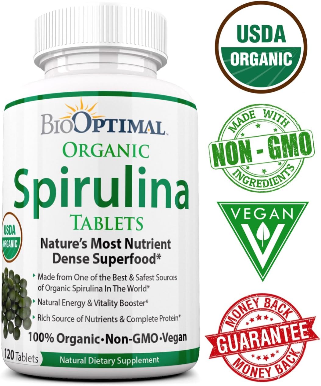 Organic Spirulina Tablets, 100% USDA Organic, Premium Quality 4 Organic Certifications, Non-GMO, No Additives Capsules or Fillers, 120 Count 1 Month Supply: Health & Personal Care