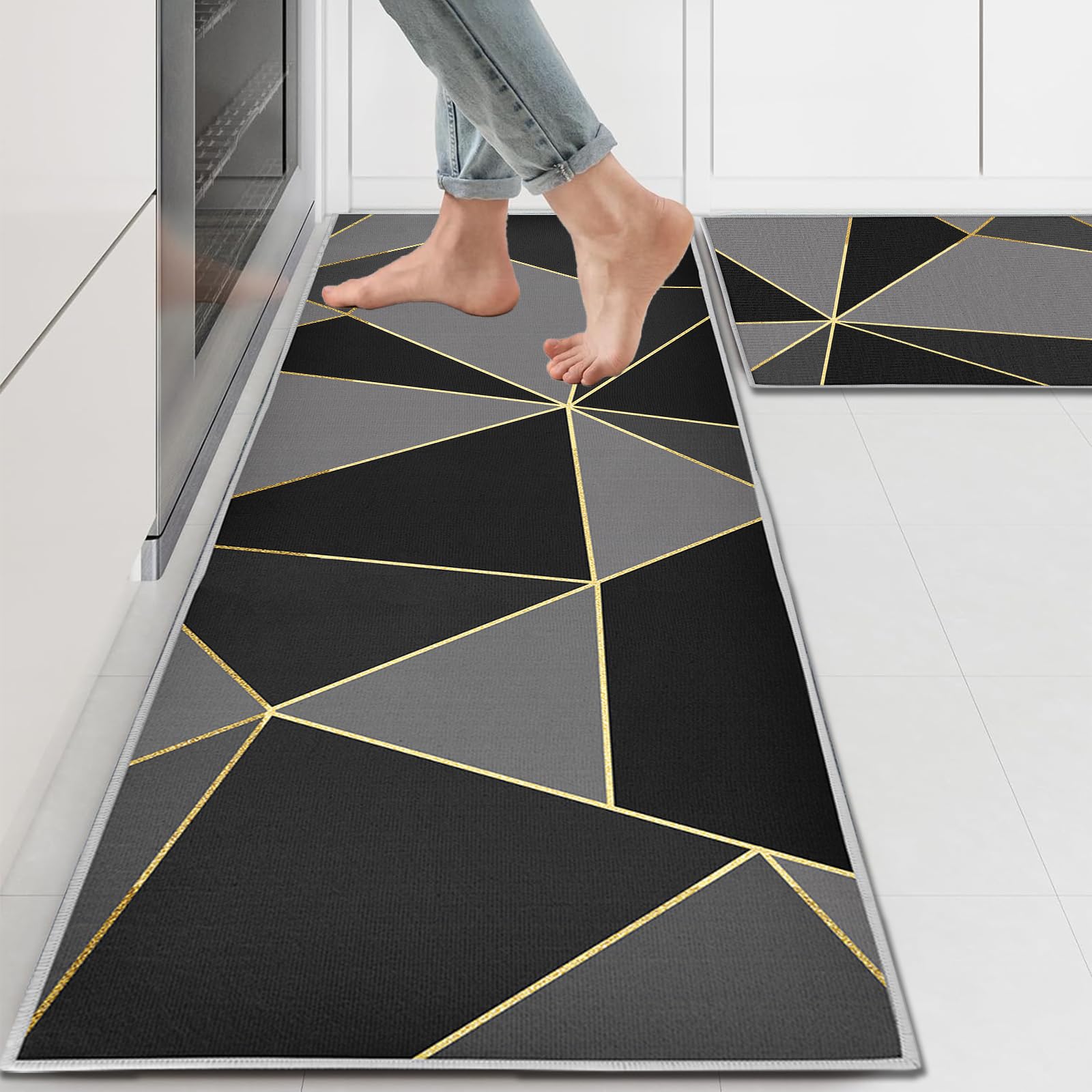 Black Kitchen Rugs and Mats Sets of 2 Pieces Funny Kitchen Decoration Non Slip Super Absorbent Kitchen Mat Runner Rug for Sink,Hallway,Laundry Room (Grey Geometry, 40x120cm+40x60cm) — image 1