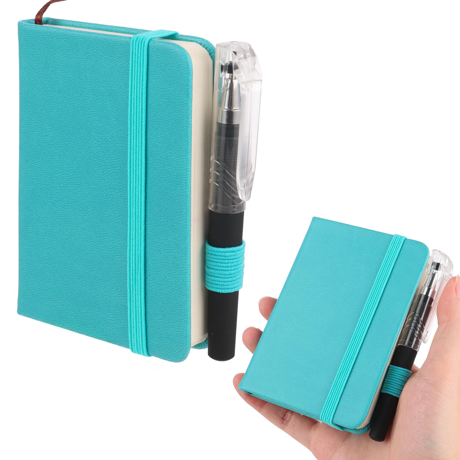 YUXIANLB 1pcs Pocket Notebook Portable A7 Note Book Note Pad Journal Notebook PU Leather Notebooks With Elastic Band Inner Pocket Hardcover Notepad With Pen Writing Note Taking (Light blue,100 Sheets)