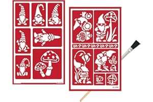 TRENDZEEN 2 Glass Etching Stencils - Reusable Gnome Stencil for Home Decor, DIY Crafts, Window, Door - Self Stick Template Set with Brush
