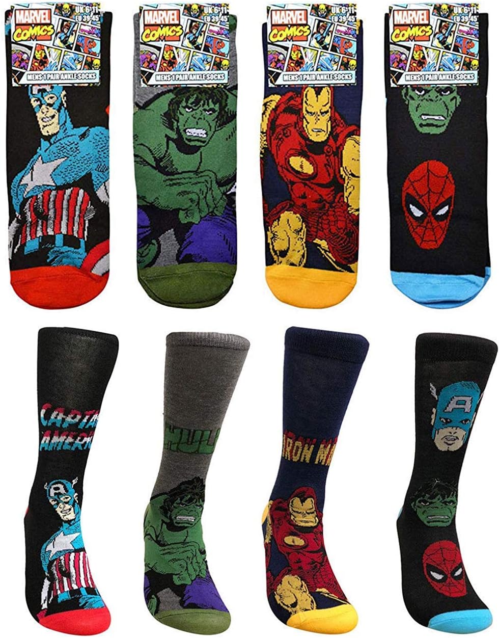 SockShop Men's 4 Pair Marvel Comics Mix Hulk, Spider-Man, Ironman & Wolverine Socks