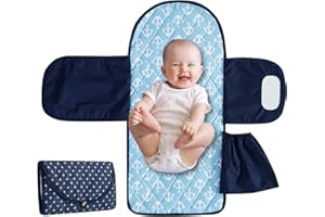 LITTLE GRAPE LAND Diaper Changing Pad with Protecting Wraps, Portable Changing Pad for Moms & Dads, Baby Changing Pad as Baby Gifts for Shower, Travel, Newborn Boys, Dark Blue Stars - Light Blue Anchor