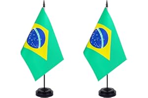 JBSJBS Brazil Desk Flag 12" Solid Pole Deluxe Set Brazilian Flags Banner Mini Small Brazil Office Table Flags with Black Stand Base Desktop Decorations(2Pack)