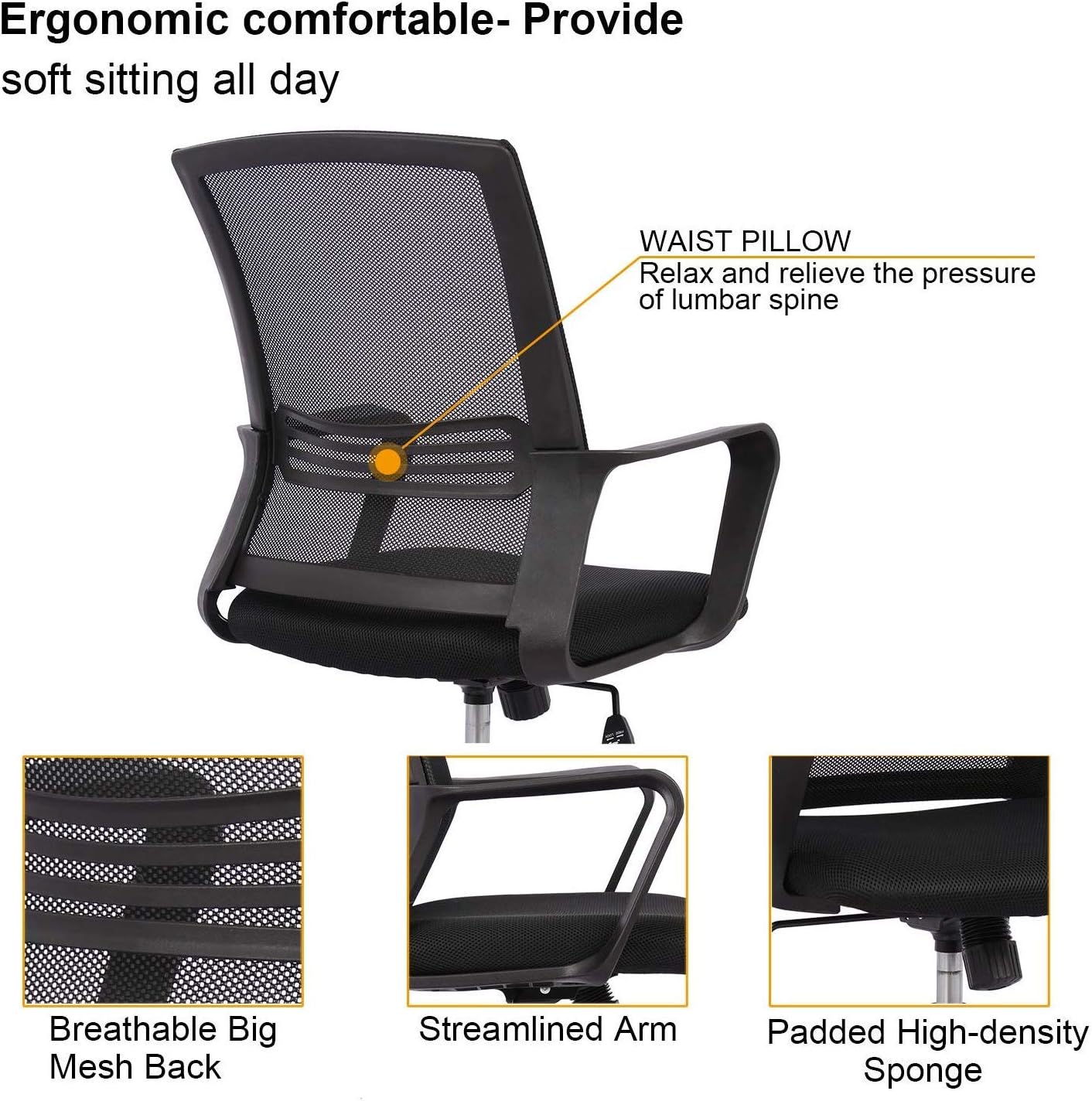 Smugdesk Mid-Back Ergonomic Office Lumbar Support Mesh Computer Desk Task Chair with Armrests: Kitchen & Dining