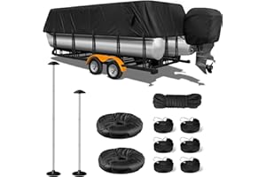 YimSting 1200D Pontoon Boat Cover with Support Poles 2 Pack, Heavy Duty Pontoon Boat Cover, 21-24 ft Boat Cover for Pontoon with Motor Cover, Adjustable 16 Tie Down Straps, Black