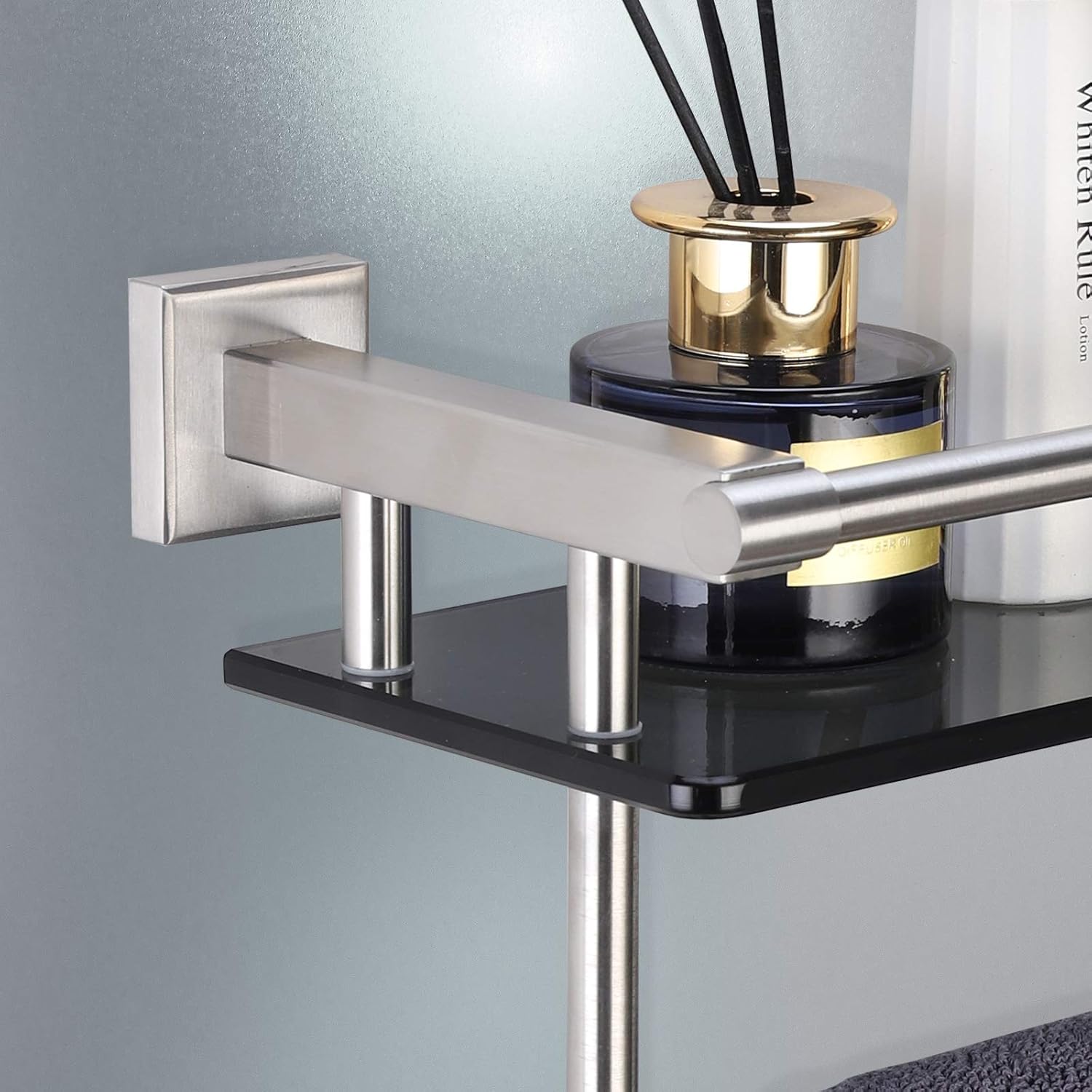 Bathroom Glass Shelf with Towel bar 20.8"x 5.9" Tempered Glass Shelf SUS 304 Stainless Steel Wall Mount (Brushed Nickel): Kitchen & Dining
