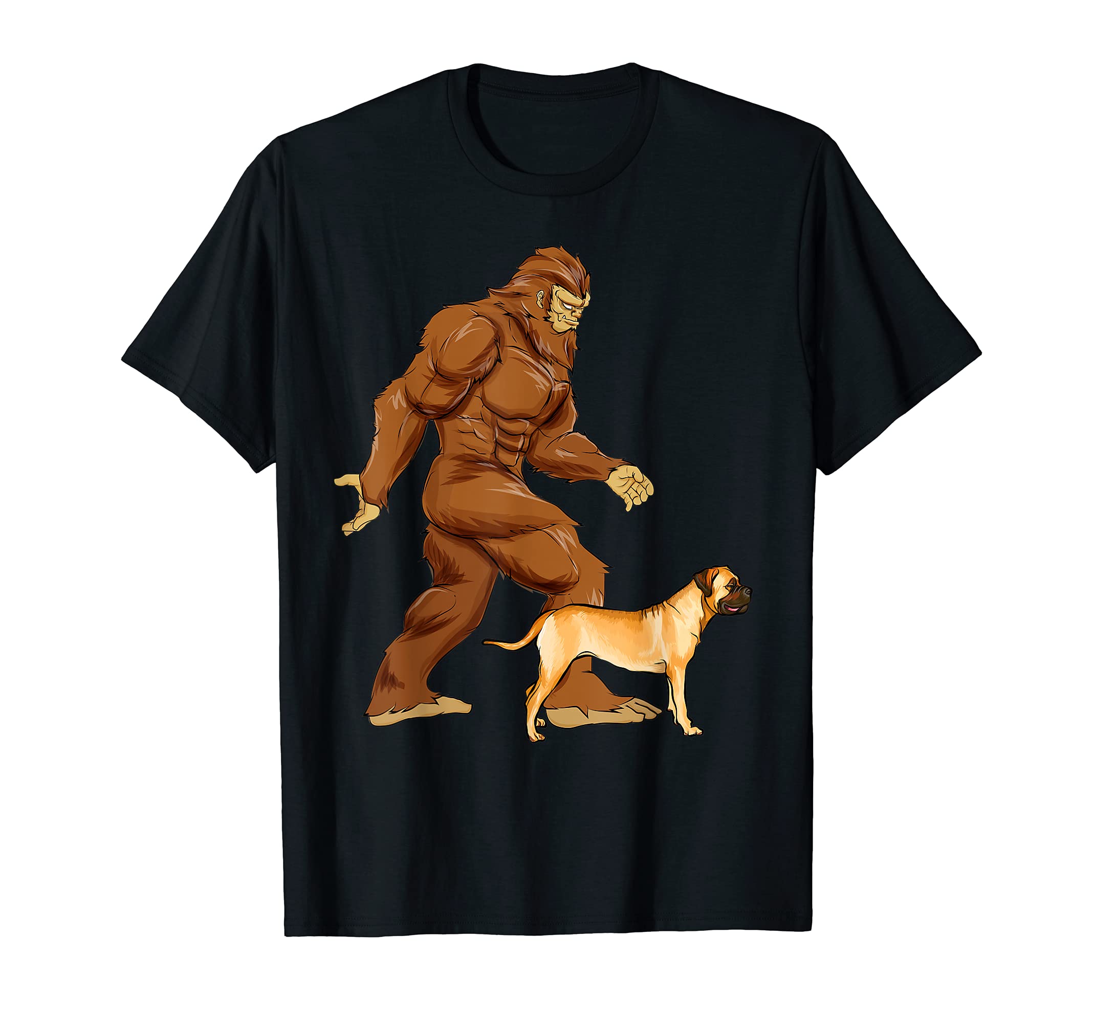 Funny Bigfoot Walking Bullmastiff Sasquatch Dog T-Shirt