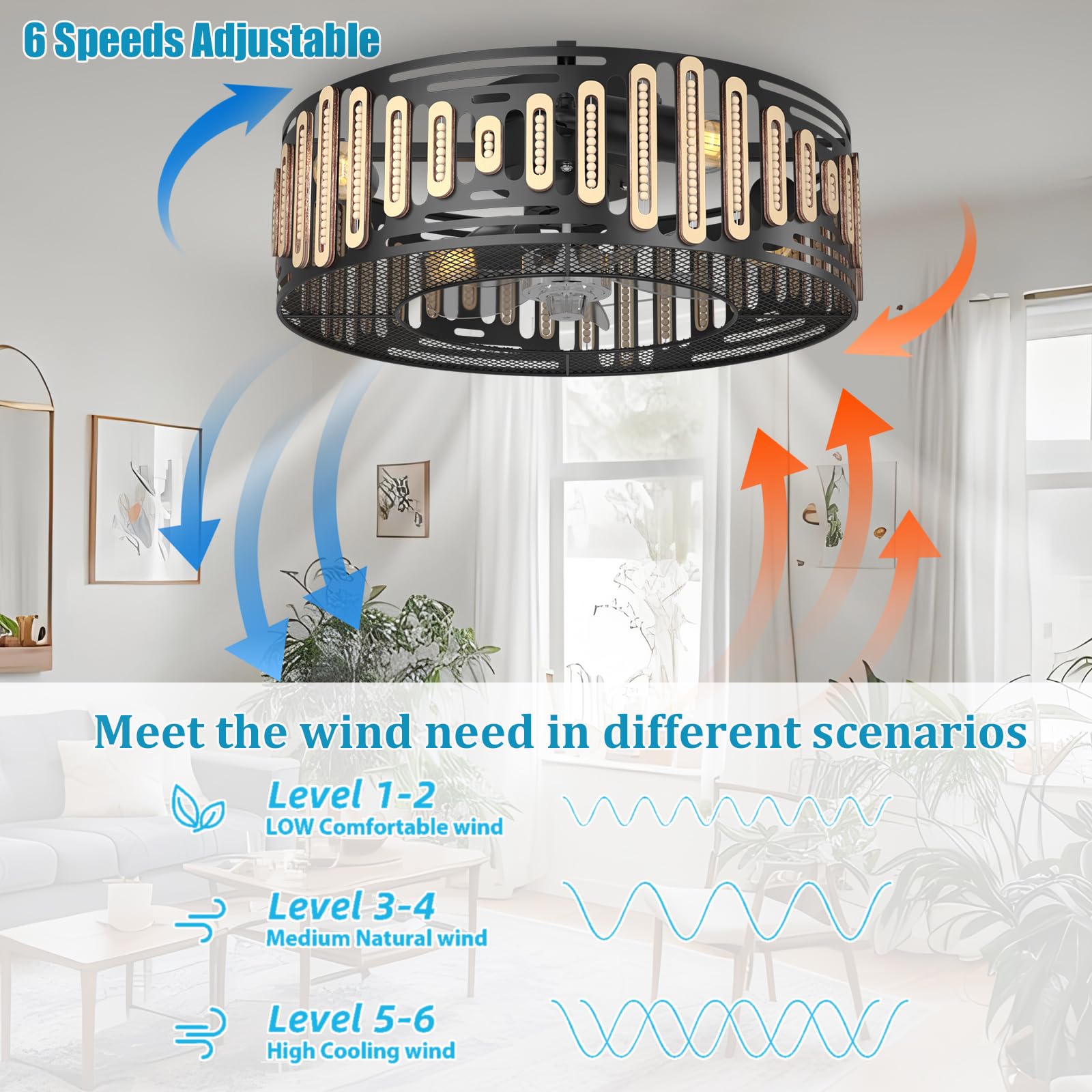 Prichor Modern Caged Ceiling Fan with Light and Remote - Black Outdoor Ceiling Fan with Dimmable and Reversible Fan Blades, 6 Speed Caged Ceiling Fan, 2H Timing (E27 Bulbs Included)