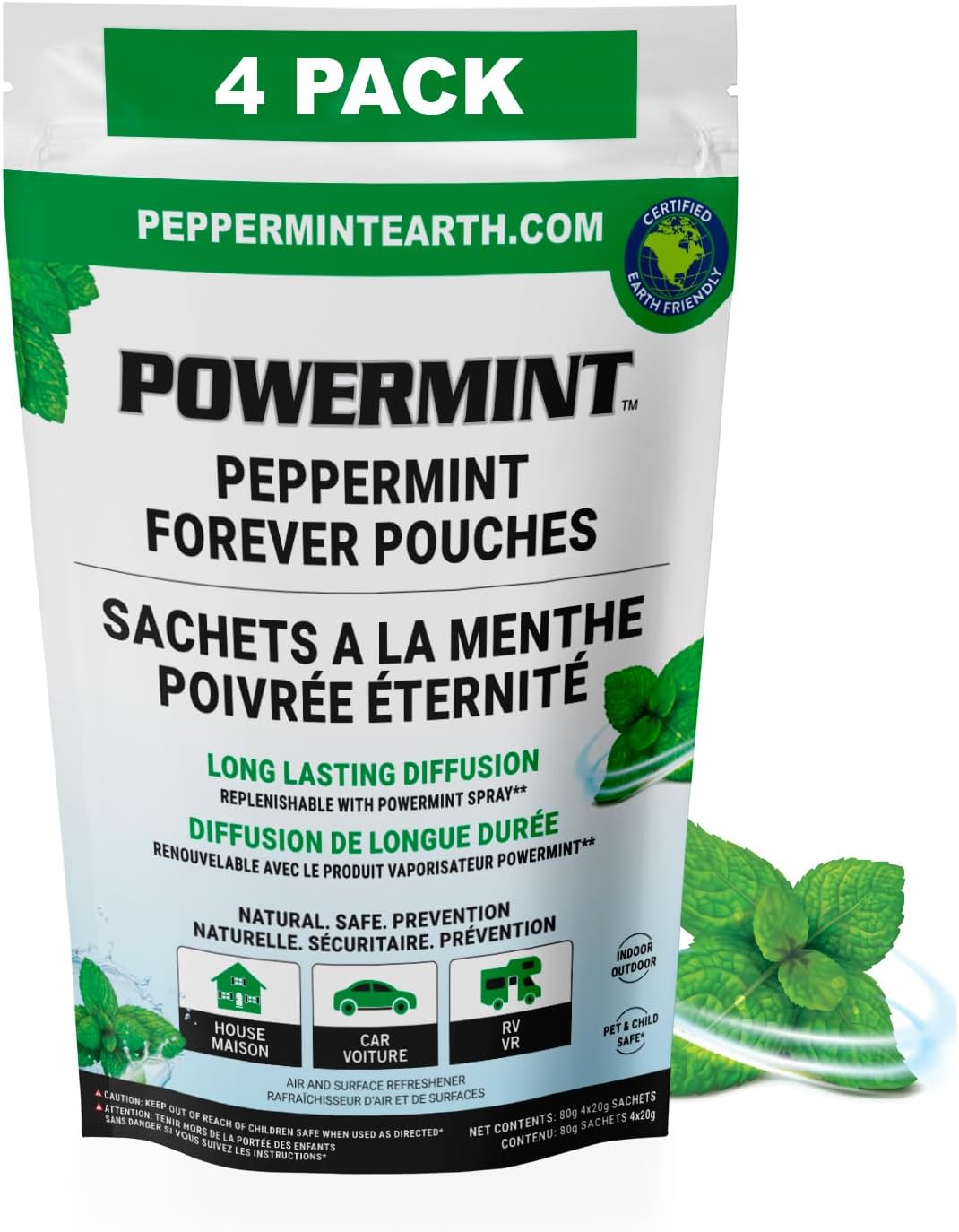 POWERMINT Peppermint Forever Pouches for Home, Farm and Vehicle. Premium Quality. 4-PACK