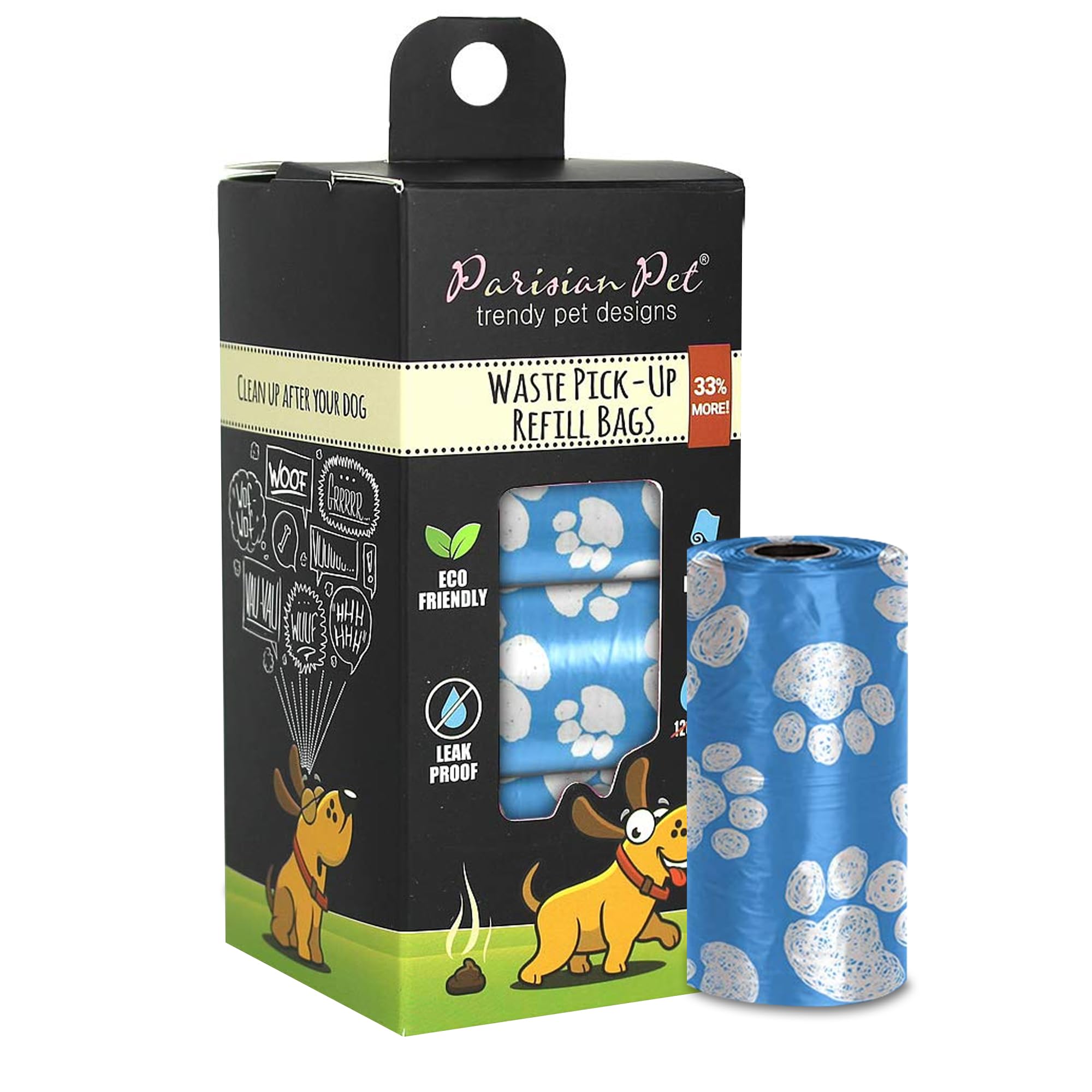 Parisian Pet Dog Poop Bags for Dogs – Refills Rolls of Doggie Bags for Poop – Unscented Dog Poop Bag – Eco-Friendly Pickup Pet Waste Bags, 8 Rolls, Blue Paws