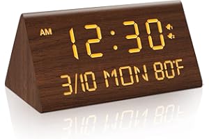Kogonee Wooden Digital Alarm Clock, 0-100% Dimmer, 2 Alarm Settings, Weekday/Everyday Mode, 9 Mins Snooze, 12/24H, Temperatur