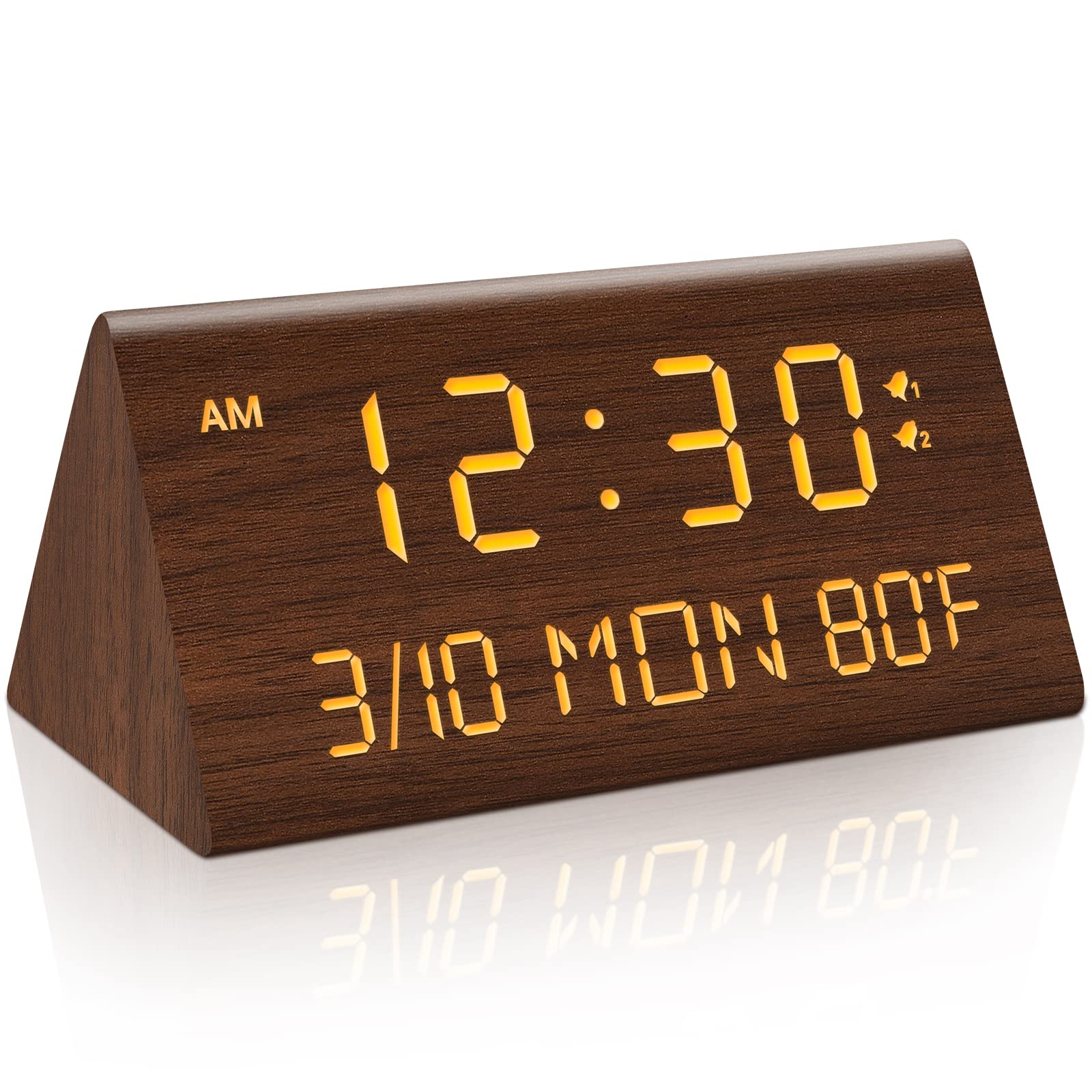 Photo 1 of Kogonee Wooden Digital Alarm Clock, 0-100% Dimmer, 2 Alarm Settings, Weekday/Everyday Mode, 9 Mins Snooze, 12/24H, Temperature and Date Display for Office, Travel, Bedroom Alarm Clock (Brown)