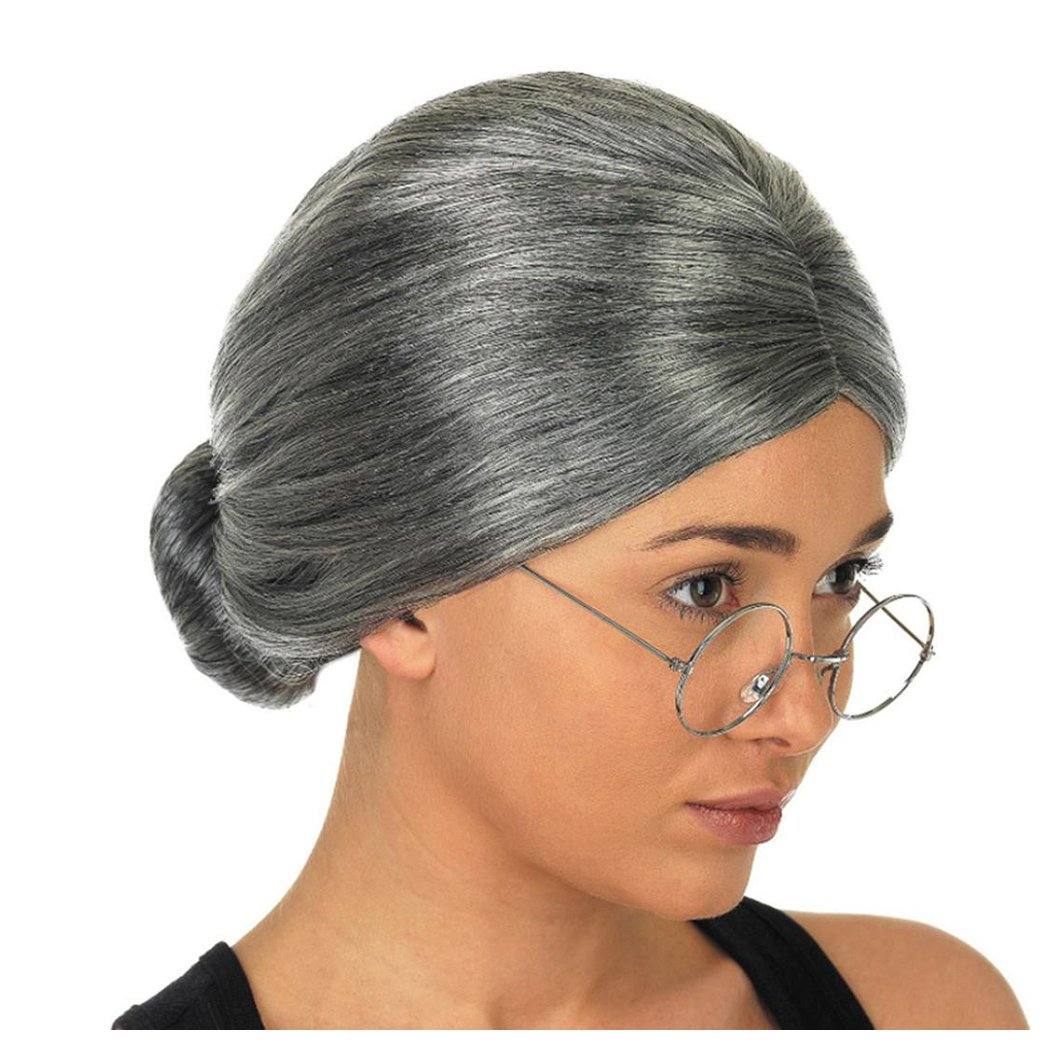 Inkach Grey Wigs Fancy Old Lady Grandma Granny Gray Wig Bun Hair