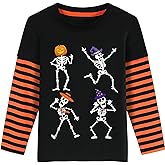 Halloween Shirt for Boy Pumpkin Spooky Vibes Ghost Stripe Long Sleeve T-Shirt Kids Dancing Skeleton Boo Tops 2-7 Years