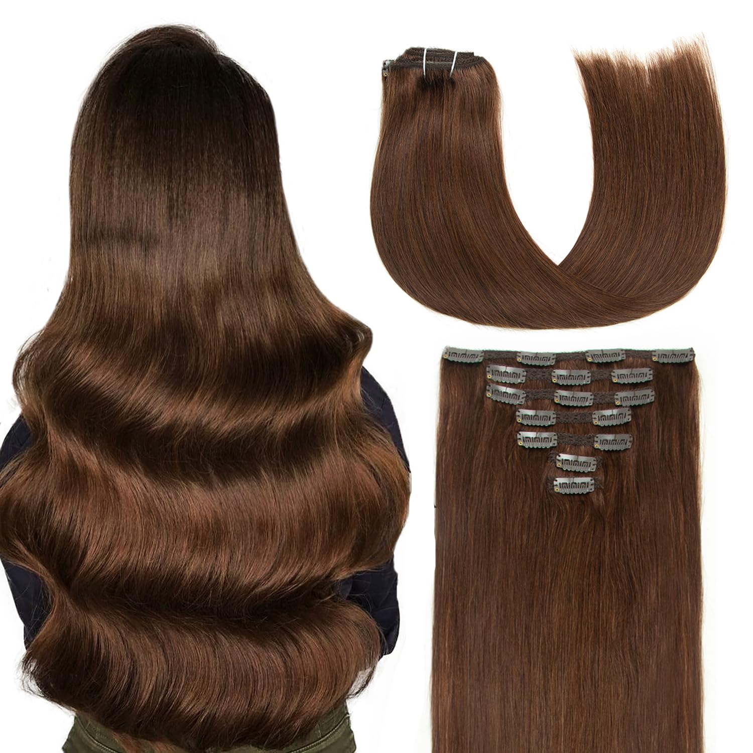 AGMITY Clip in Hair Extensions - 20 Inch, 120g, 7pcs Real Human Hair, Natural Silky Double Weft, Medium Brown — image 1