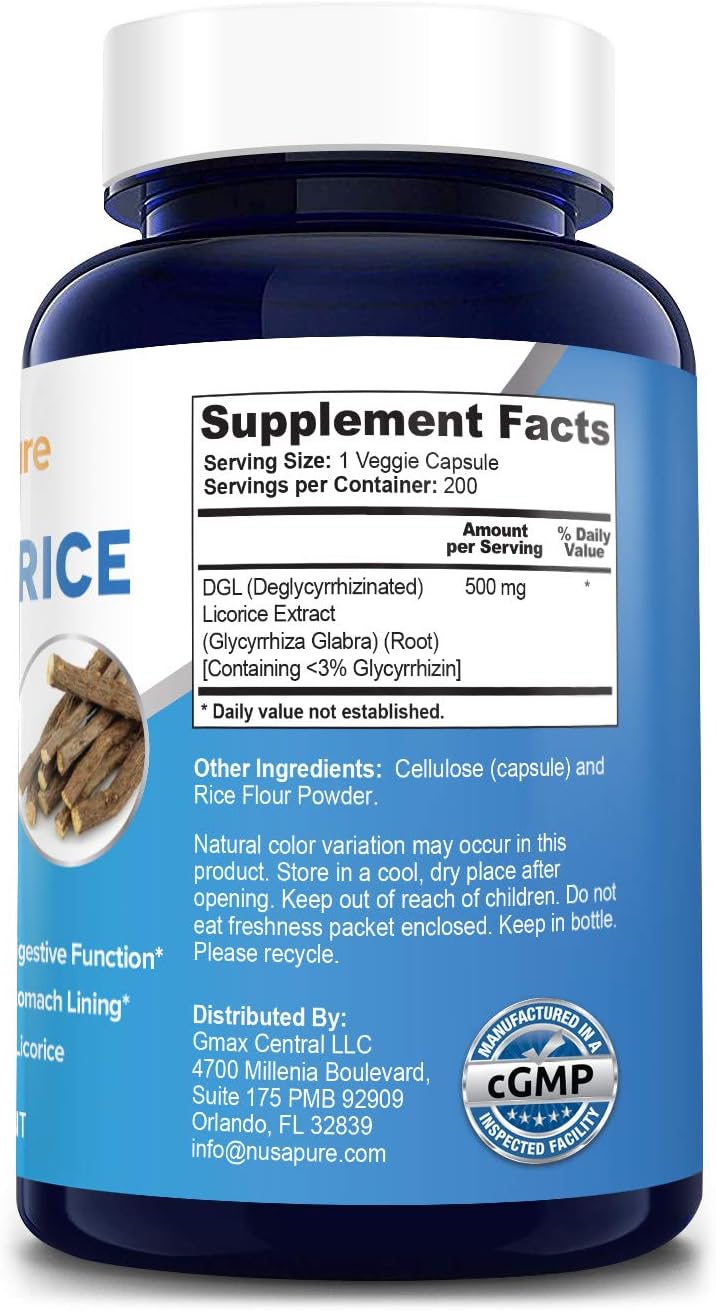 DGL Licorice Extract 500 mg 200 Veggie Capsules (Vegan,Non-GMO & Gluten-Free) - Supports Healthy Digestive & Respiratory Functions*: Health & Personal Care