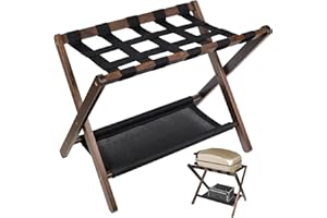 BETSEO Luggage Rack for Guest Room, Folding Suitcase Stand for Guest Room with Storage Shelf for Hotel/Guest/Bedrooms, Heavy-Duty Holds up to 130Lbs, Upgraded Suitcase with 7 Nylon Straps with A Grid Pattern (Walnut Color - Pack of 1)